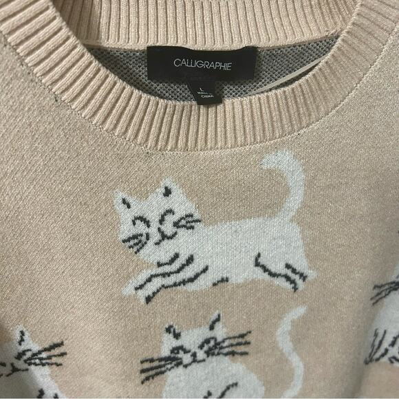 Anthropologie Beige Novelty Sweater Cat Kitty Grandma Christmas Holiday NEW L - Picture 4 of 8